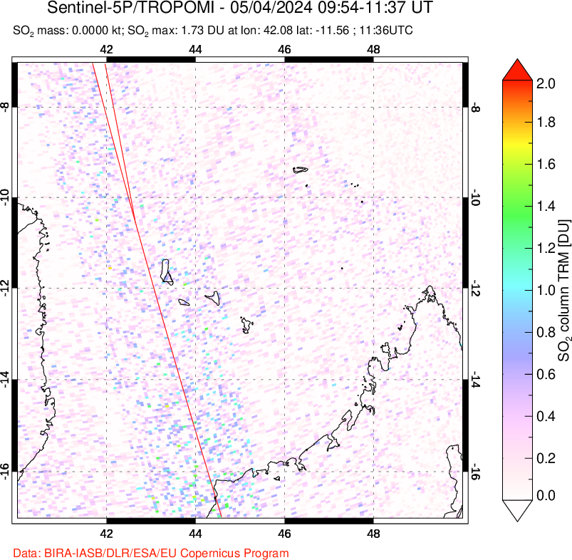 A sulfur dioxide image over Comoro Islands on May 04, 2024.