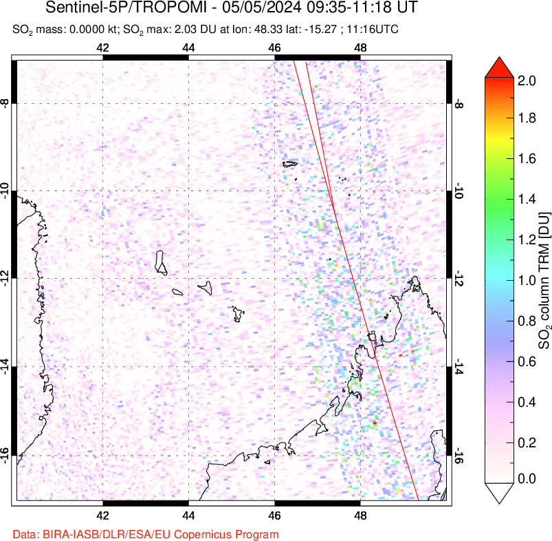 A sulfur dioxide image over Comoro Islands on May 05, 2024.