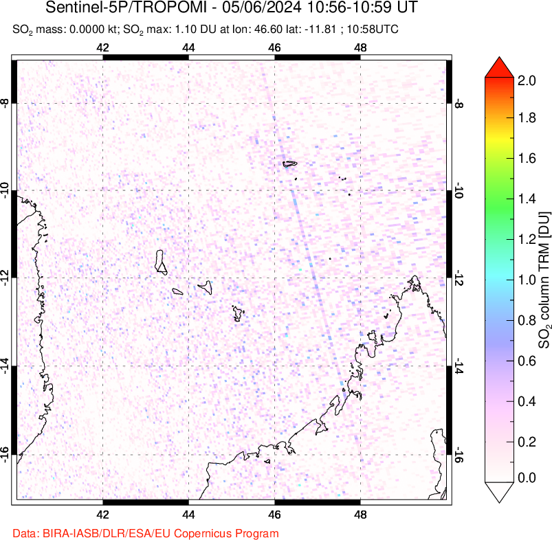 A sulfur dioxide image over Comoro Islands on May 06, 2024.