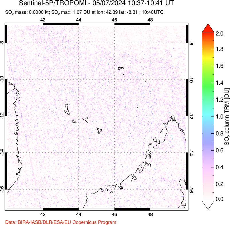 A sulfur dioxide image over Comoro Islands on May 07, 2024.