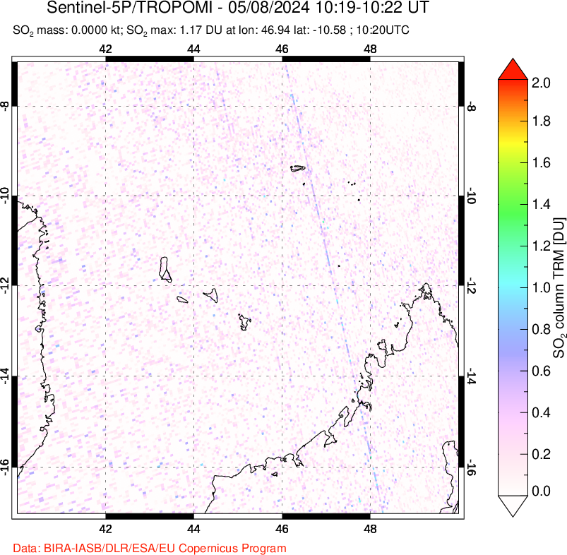 A sulfur dioxide image over Comoro Islands on May 08, 2024.