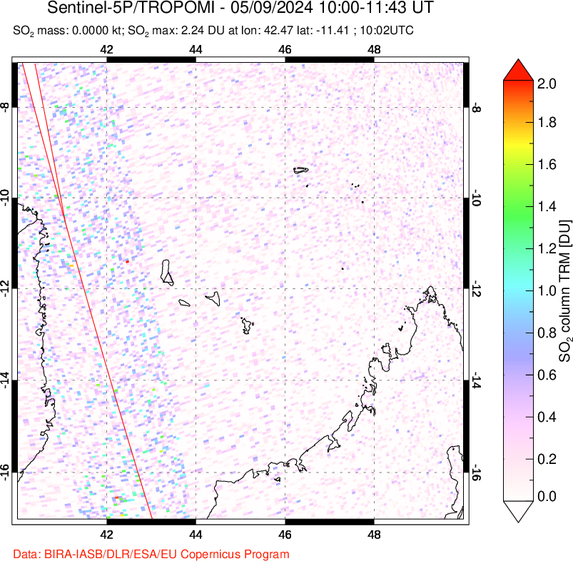 A sulfur dioxide image over Comoro Islands on May 09, 2024.