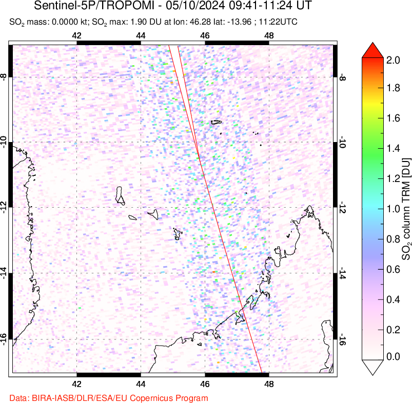 A sulfur dioxide image over Comoro Islands on May 10, 2024.