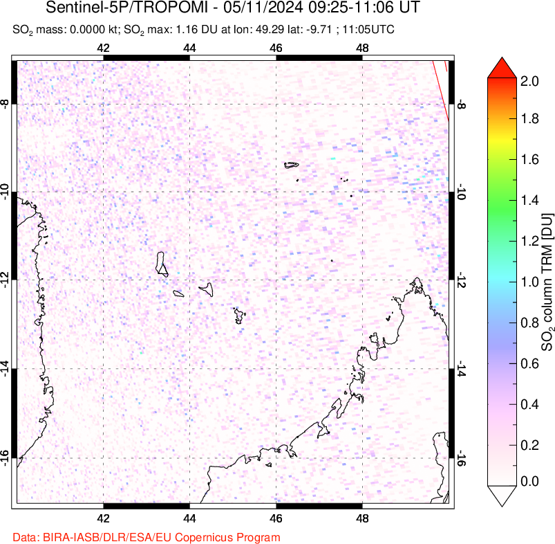 A sulfur dioxide image over Comoro Islands on May 11, 2024.