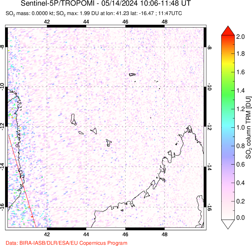 A sulfur dioxide image over Comoro Islands on May 14, 2024.