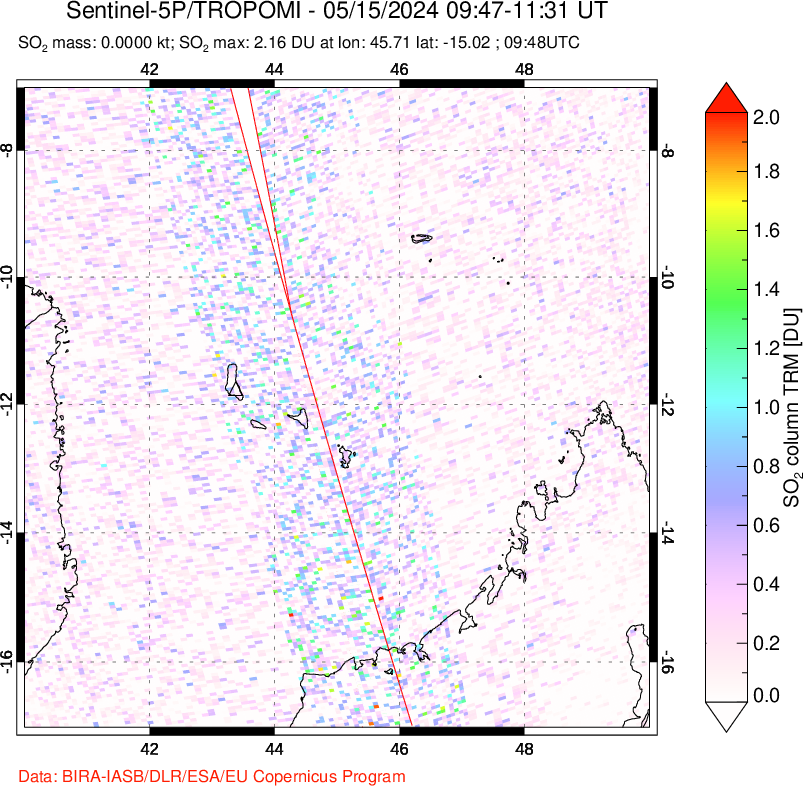 A sulfur dioxide image over Comoro Islands on May 15, 2024.