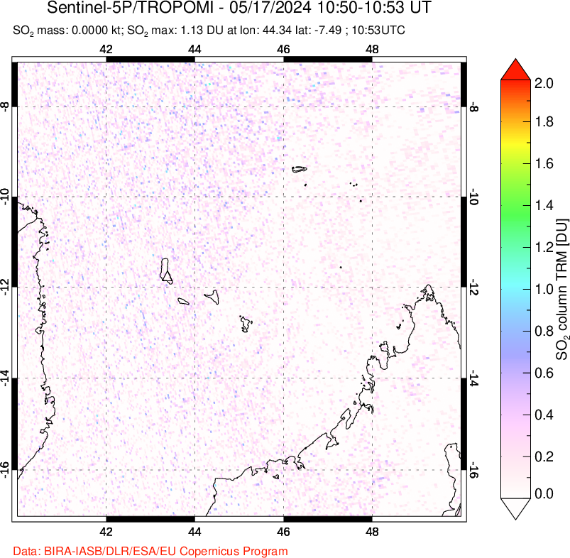 A sulfur dioxide image over Comoro Islands on May 17, 2024.