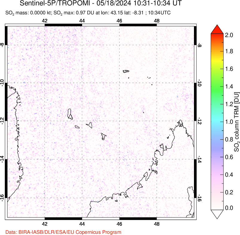 A sulfur dioxide image over Comoro Islands on May 18, 2024.