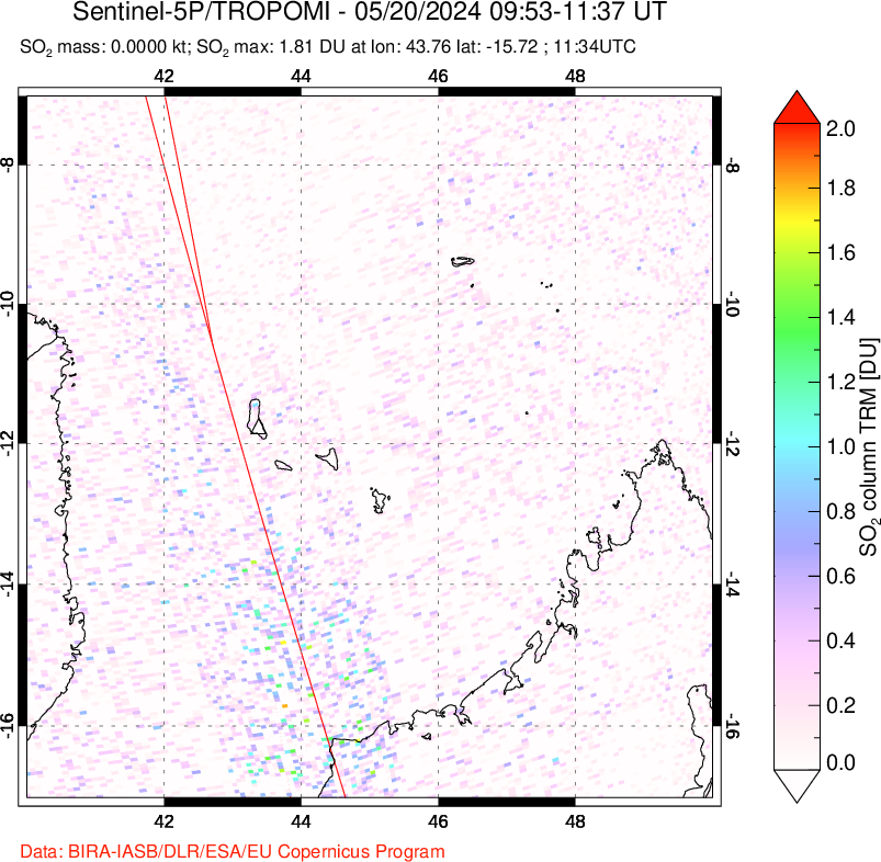 A sulfur dioxide image over Comoro Islands on May 20, 2024.