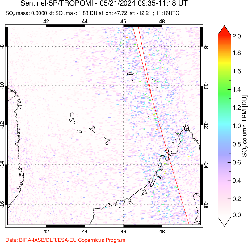 A sulfur dioxide image over Comoro Islands on May 21, 2024.