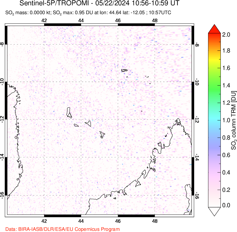 A sulfur dioxide image over Comoro Islands on May 22, 2024.