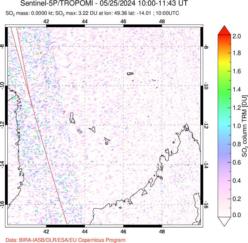 A sulfur dioxide image over Comoro Islands on May 25, 2024.