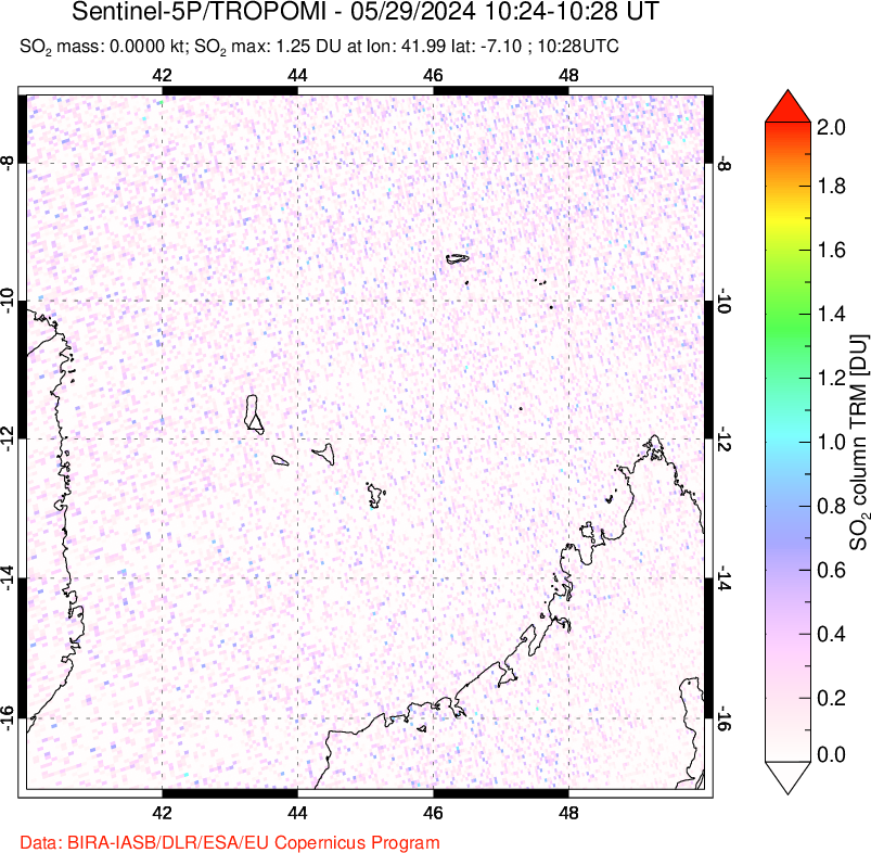 A sulfur dioxide image over Comoro Islands on May 29, 2024.