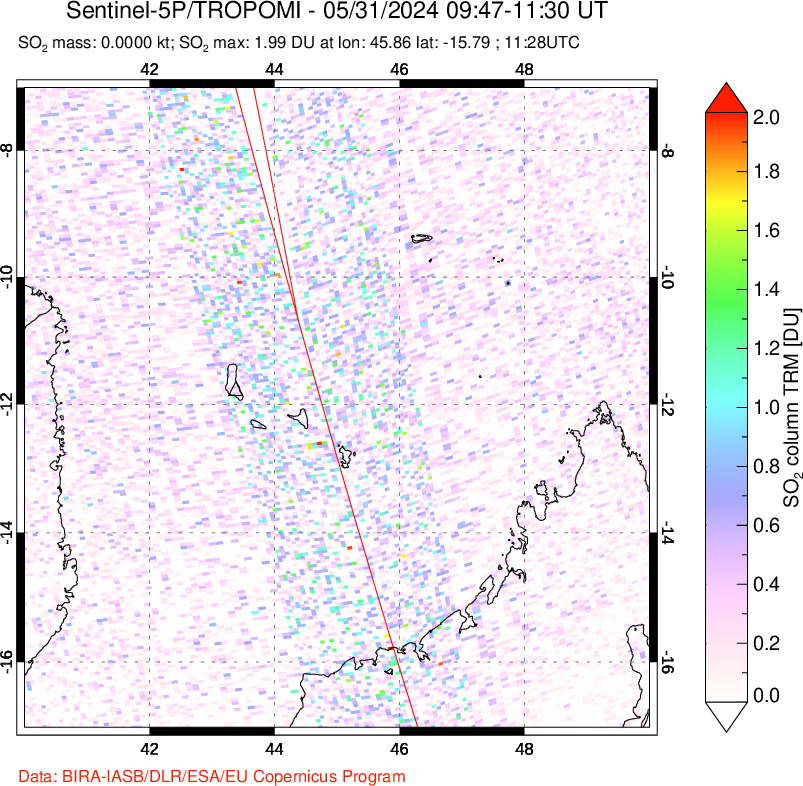 A sulfur dioxide image over Comoro Islands on May 31, 2024.