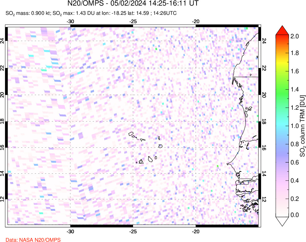 A sulfur dioxide image over Cape Verde Islands on May 02, 2024.