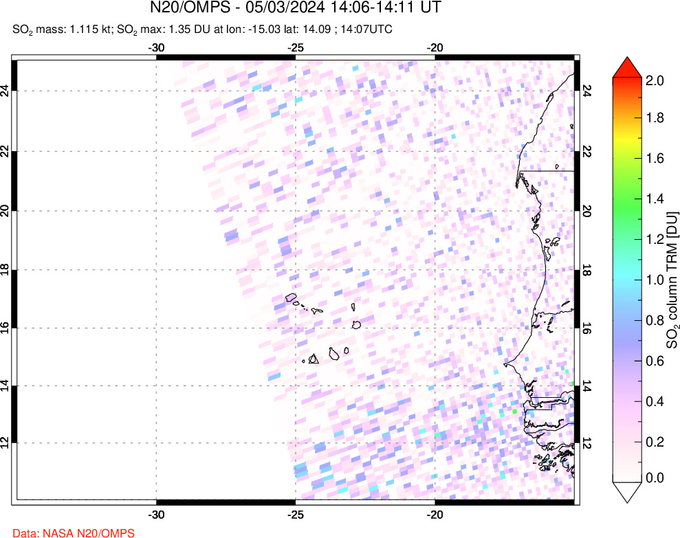 A sulfur dioxide image over Cape Verde Islands on May 03, 2024.