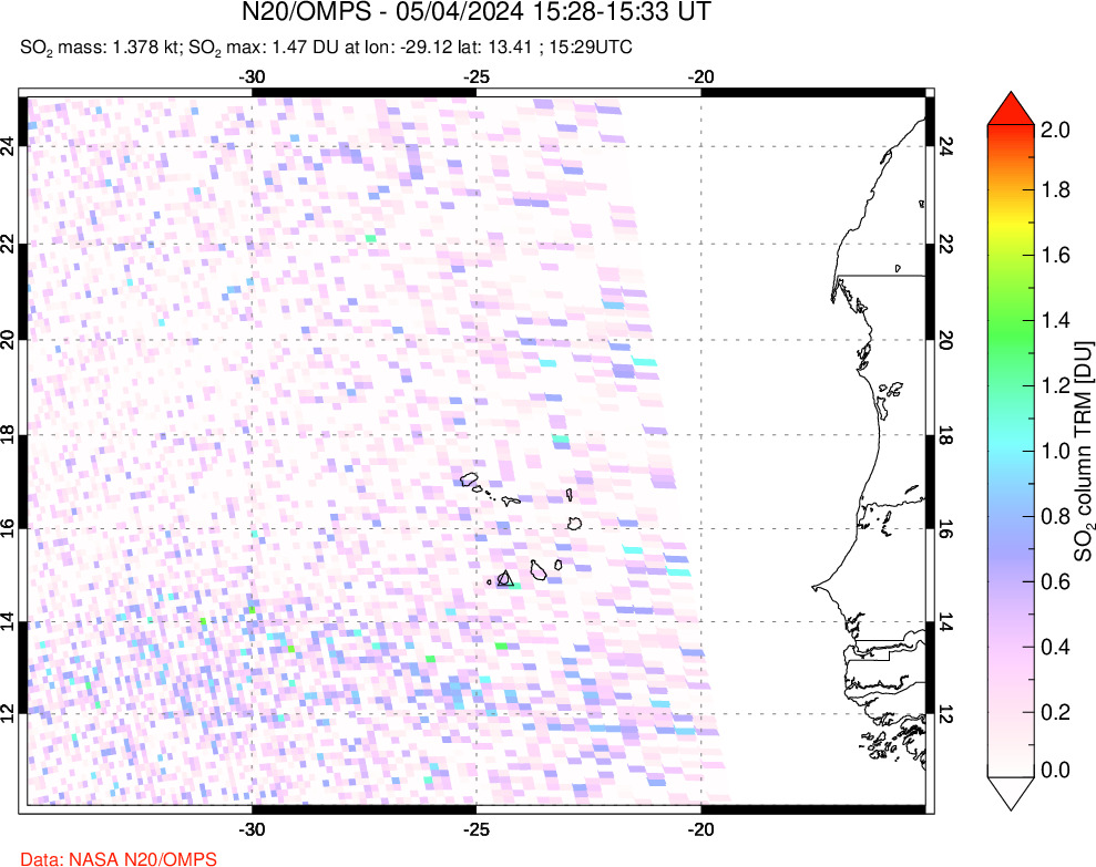 A sulfur dioxide image over Cape Verde Islands on May 04, 2024.