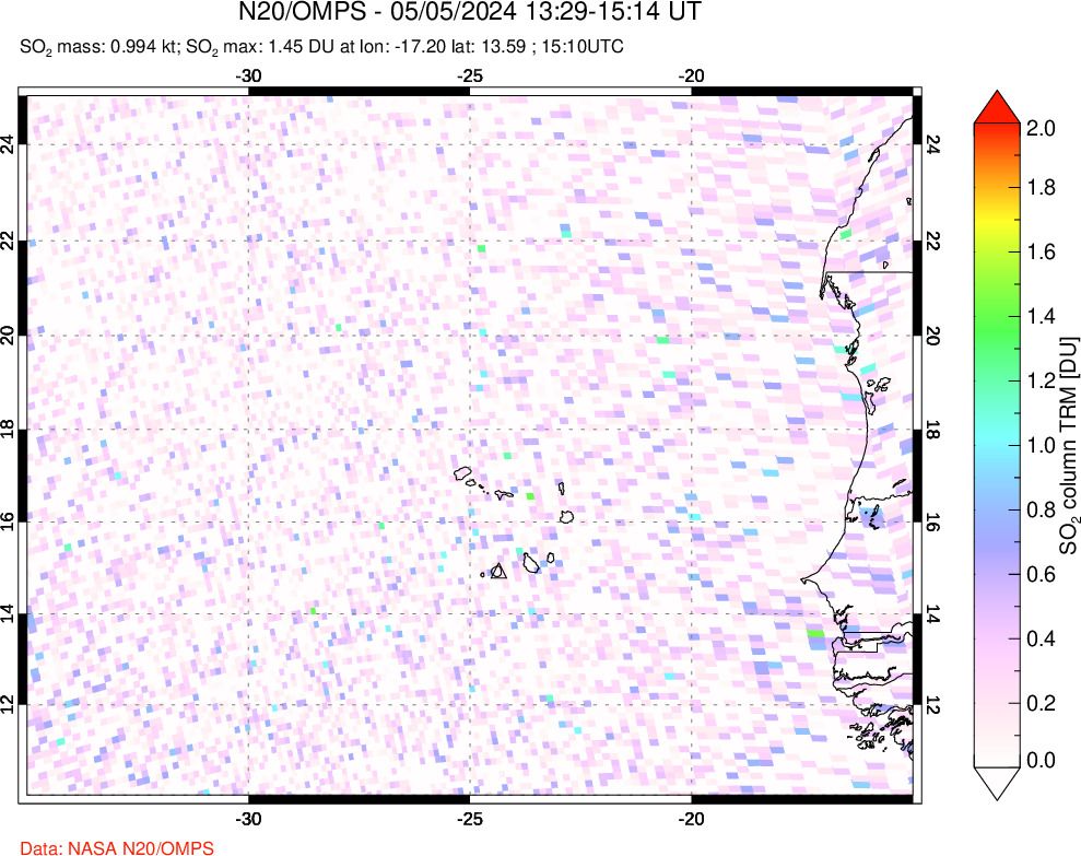 A sulfur dioxide image over Cape Verde Islands on May 05, 2024.