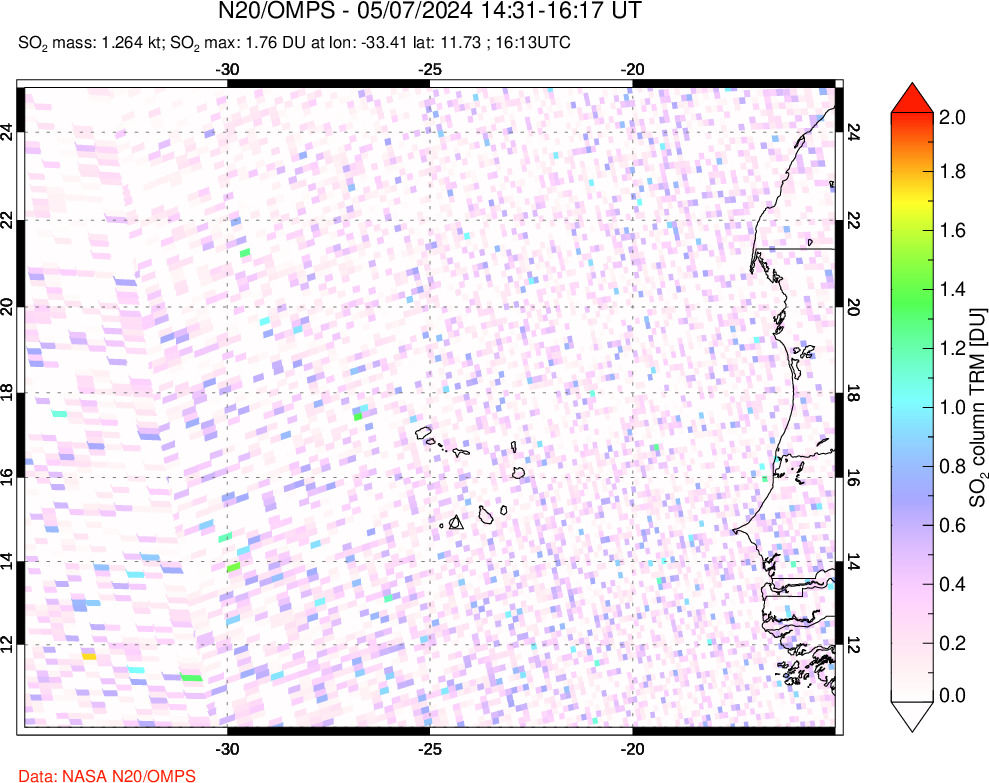 A sulfur dioxide image over Cape Verde Islands on May 07, 2024.