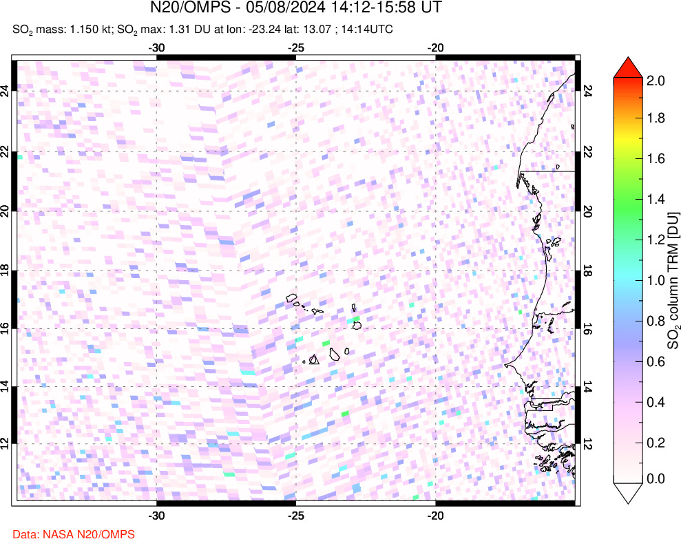 A sulfur dioxide image over Cape Verde Islands on May 08, 2024.