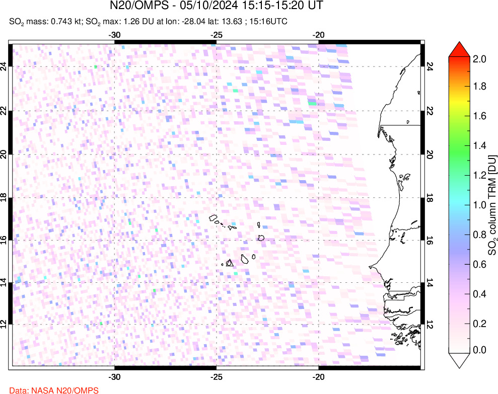 A sulfur dioxide image over Cape Verde Islands on May 10, 2024.