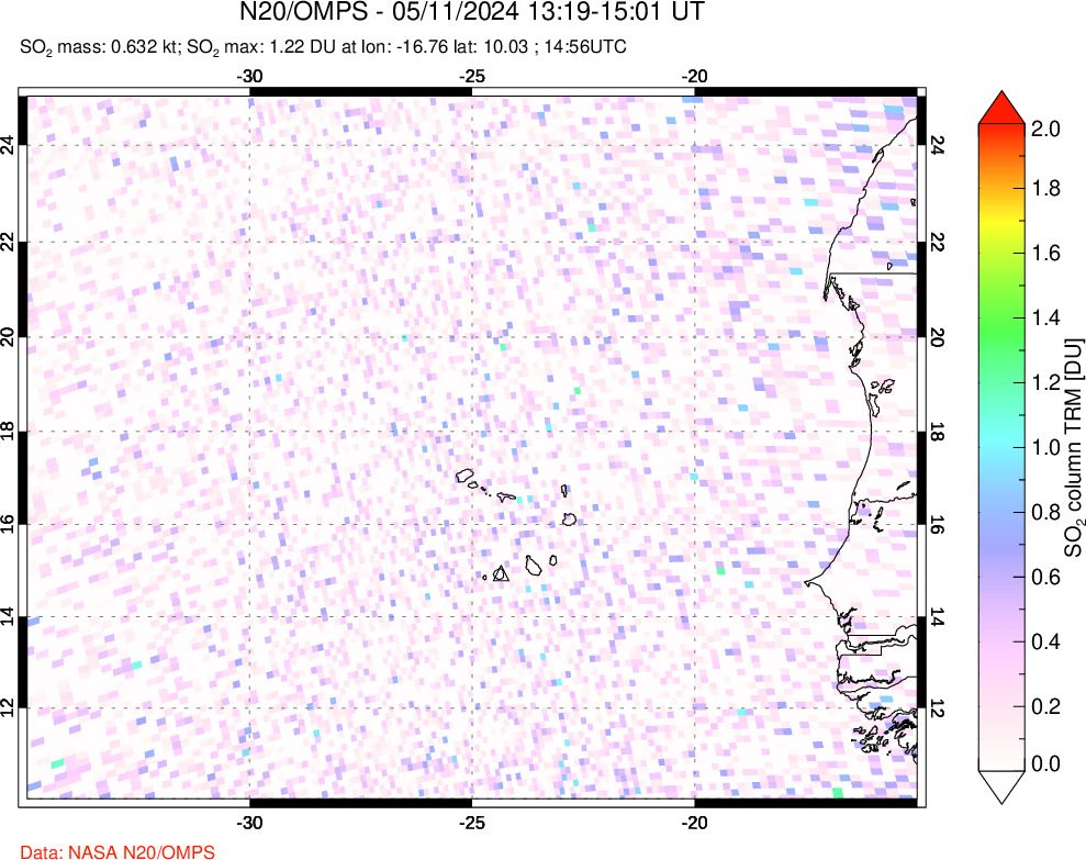 A sulfur dioxide image over Cape Verde Islands on May 11, 2024.