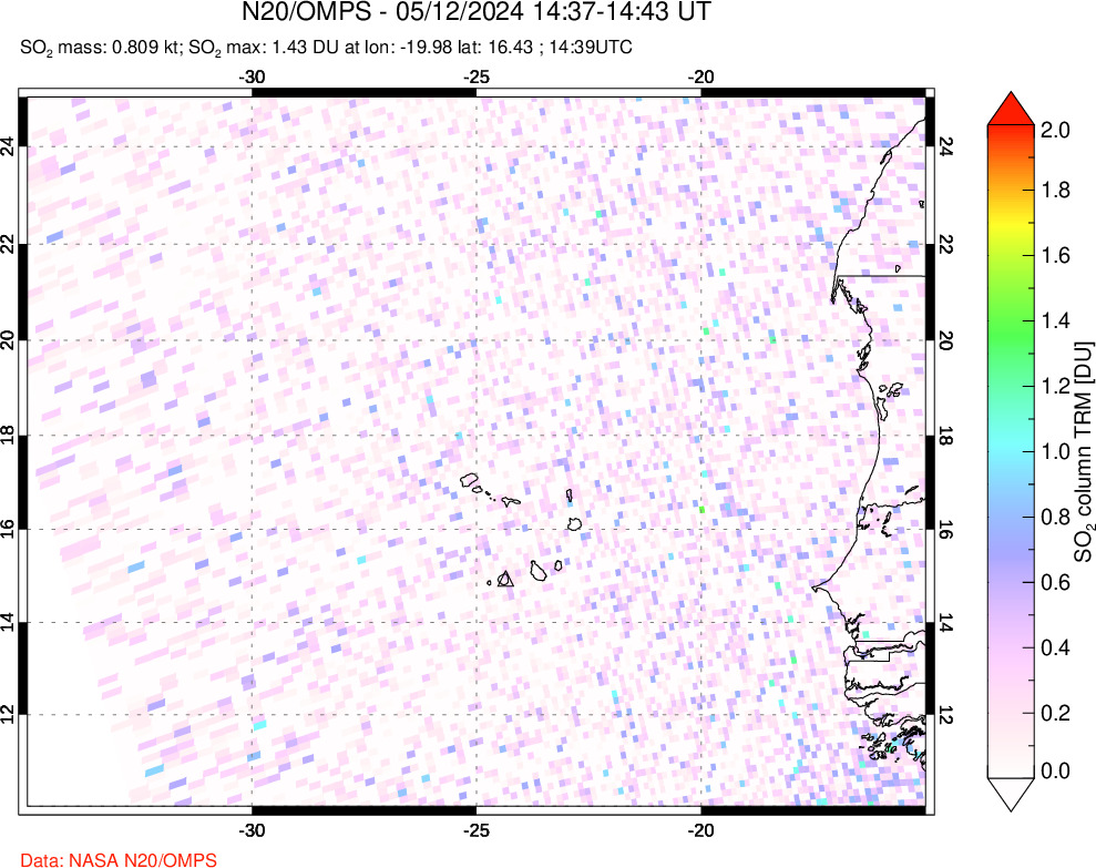 A sulfur dioxide image over Cape Verde Islands on May 12, 2024.