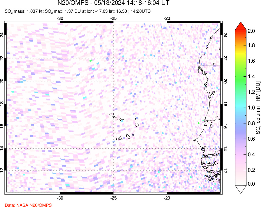 A sulfur dioxide image over Cape Verde Islands on May 13, 2024.