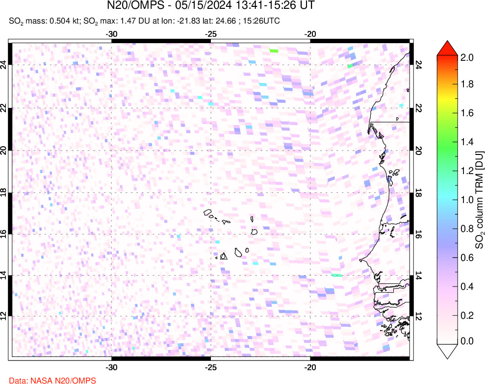 A sulfur dioxide image over Cape Verde Islands on May 15, 2024.