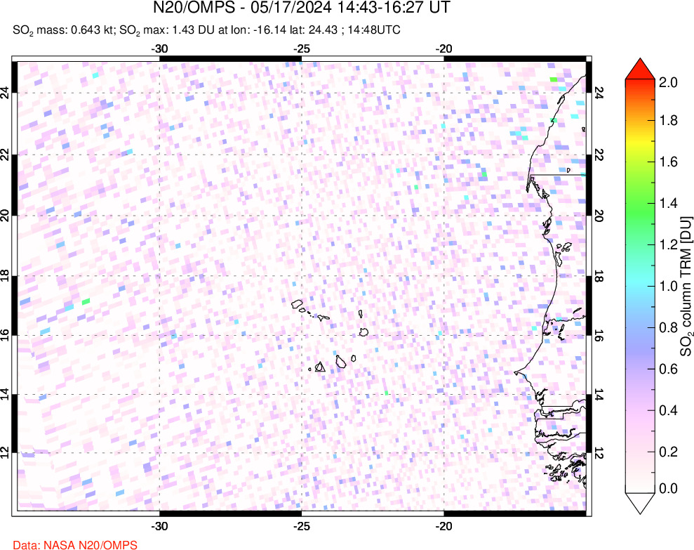 A sulfur dioxide image over Cape Verde Islands on May 17, 2024.