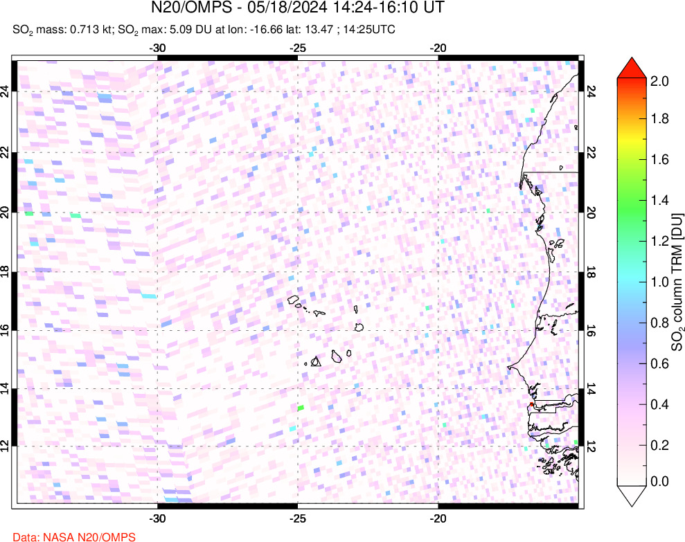 A sulfur dioxide image over Cape Verde Islands on May 18, 2024.