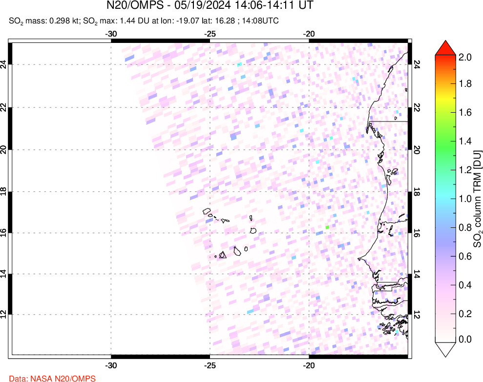 A sulfur dioxide image over Cape Verde Islands on May 19, 2024.