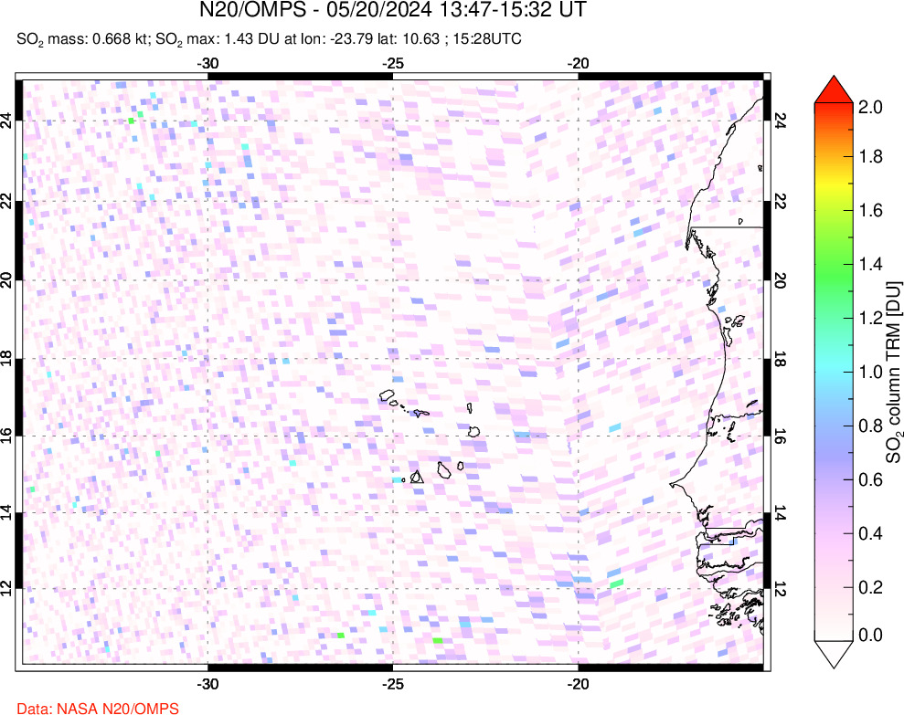 A sulfur dioxide image over Cape Verde Islands on May 20, 2024.