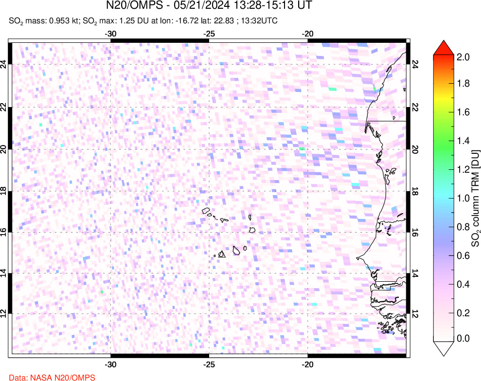 A sulfur dioxide image over Cape Verde Islands on May 21, 2024.