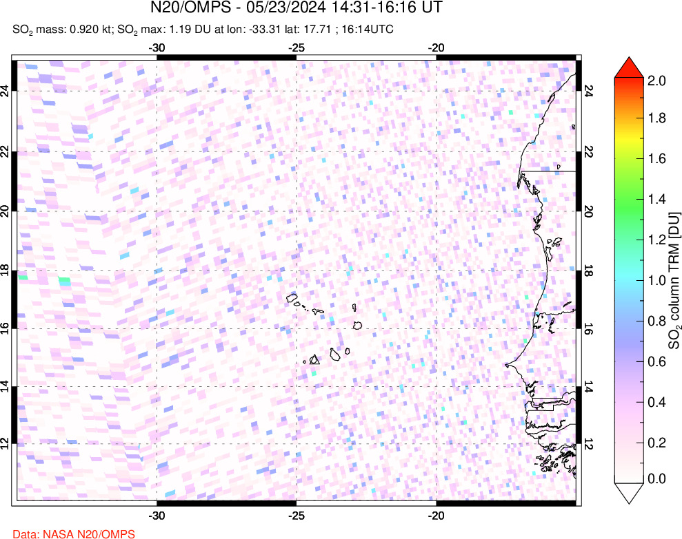 A sulfur dioxide image over Cape Verde Islands on May 23, 2024.