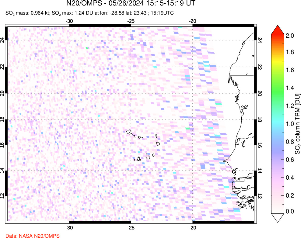 A sulfur dioxide image over Cape Verde Islands on May 26, 2024.