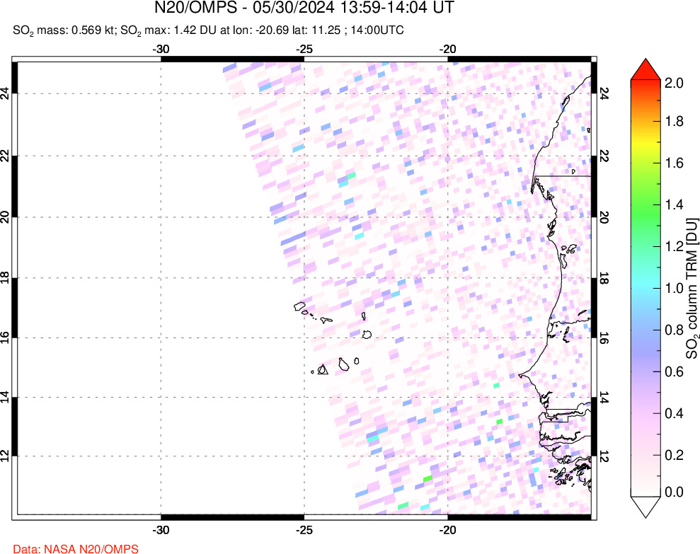 A sulfur dioxide image over Cape Verde Islands on May 30, 2024.