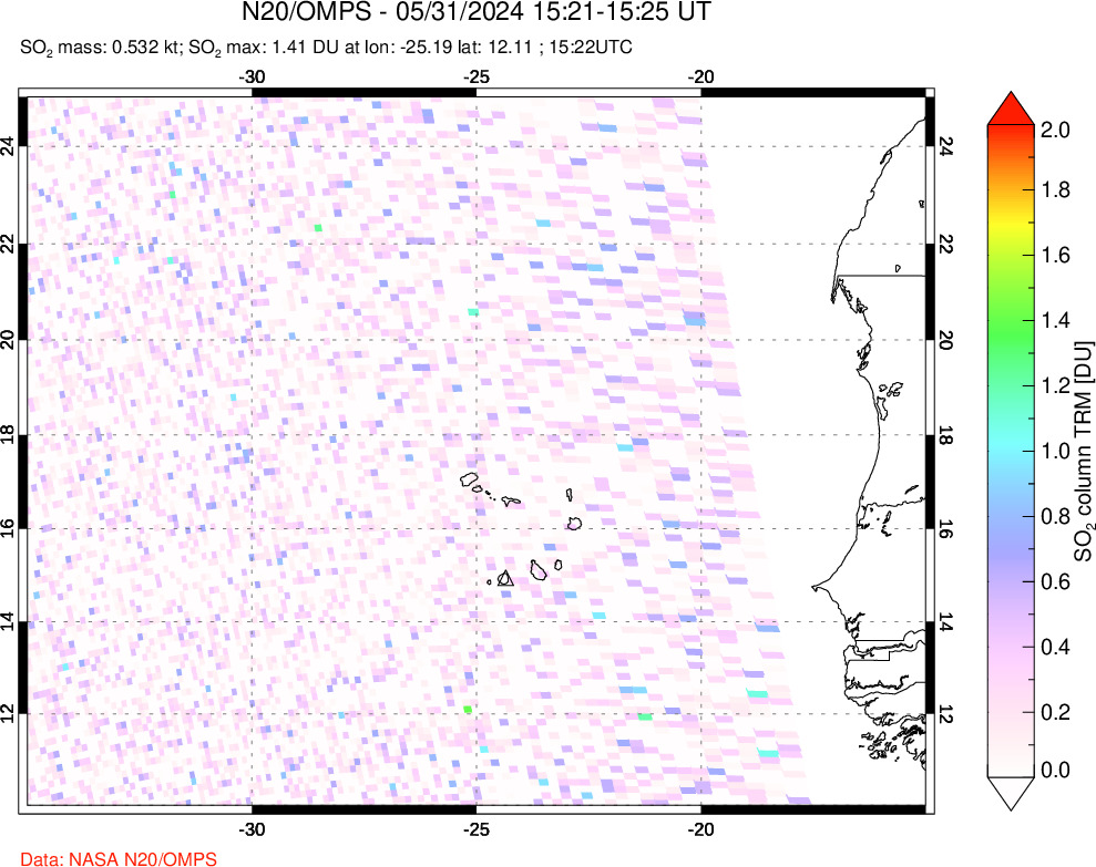 A sulfur dioxide image over Cape Verde Islands on May 31, 2024.