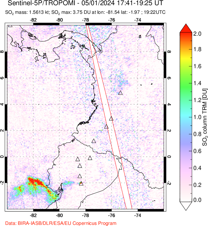 A sulfur dioxide image over Ecuador on May 01, 2024.