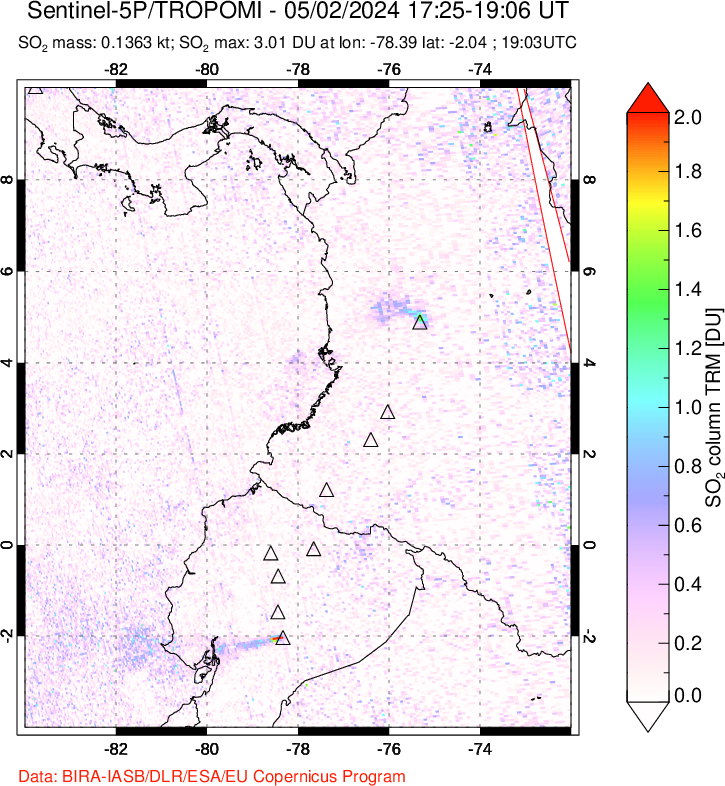 A sulfur dioxide image over Ecuador on May 02, 2024.