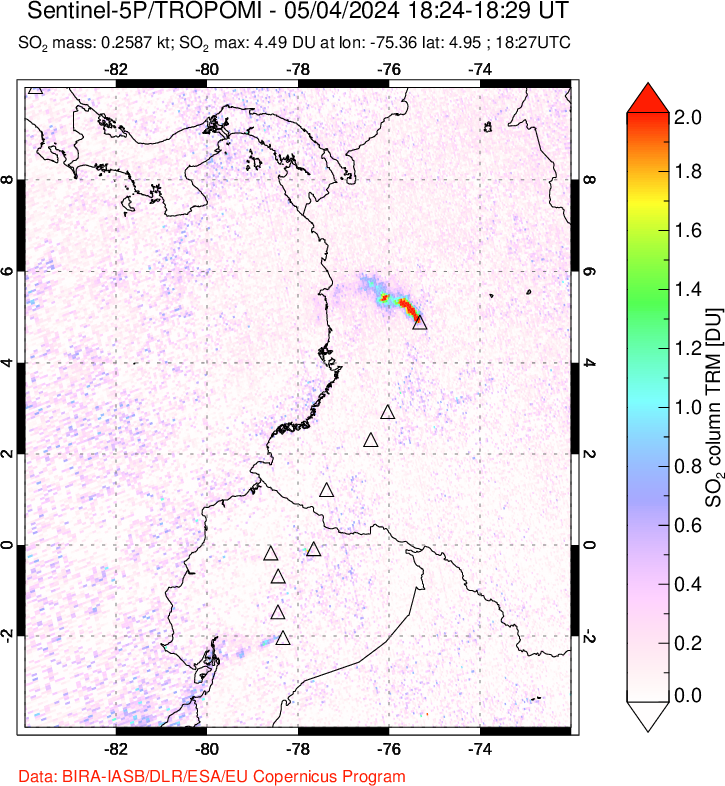 A sulfur dioxide image over Ecuador on May 04, 2024.