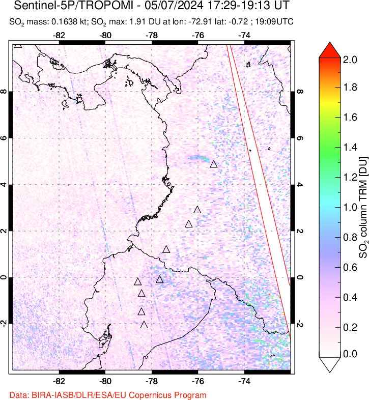 A sulfur dioxide image over Ecuador on May 07, 2024.