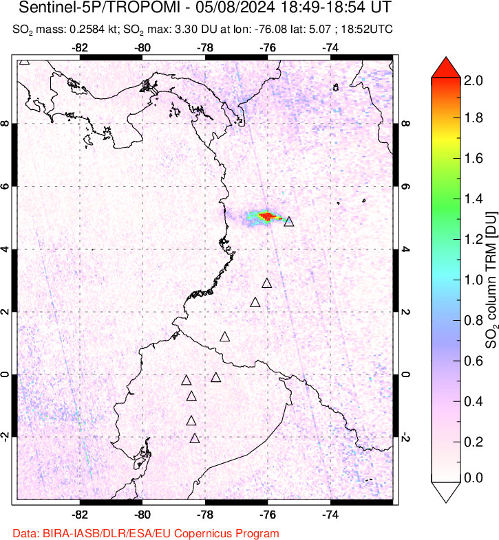 A sulfur dioxide image over Ecuador on May 08, 2024.