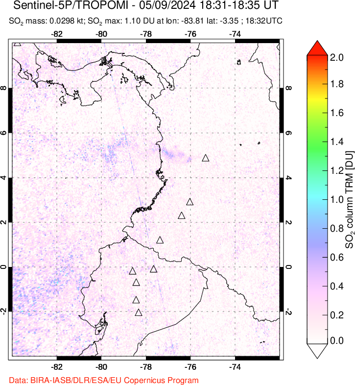 A sulfur dioxide image over Ecuador on May 09, 2024.