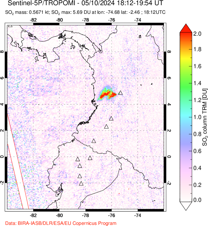 A sulfur dioxide image over Ecuador on May 10, 2024.