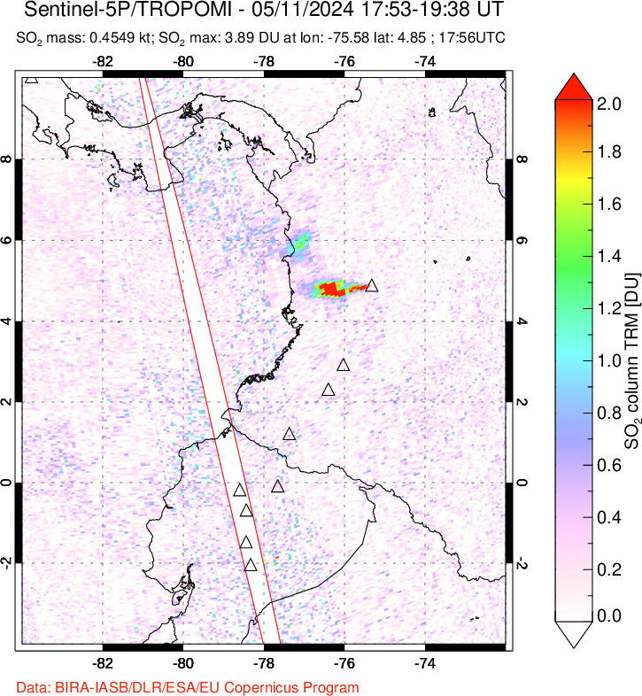 A sulfur dioxide image over Ecuador on May 11, 2024.