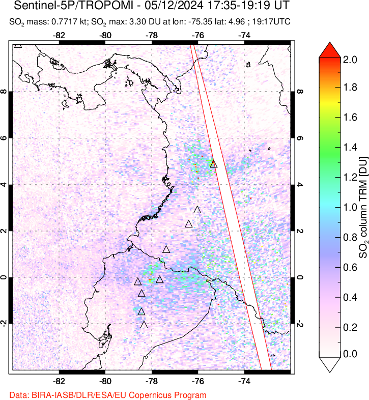 A sulfur dioxide image over Ecuador on May 12, 2024.