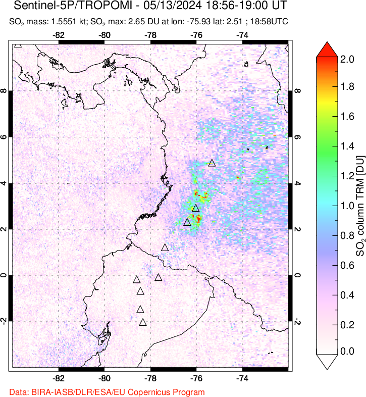 A sulfur dioxide image over Ecuador on May 13, 2024.