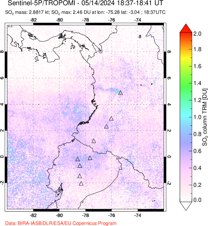 A sulfur dioxide image over Ecuador on May 14, 2024.