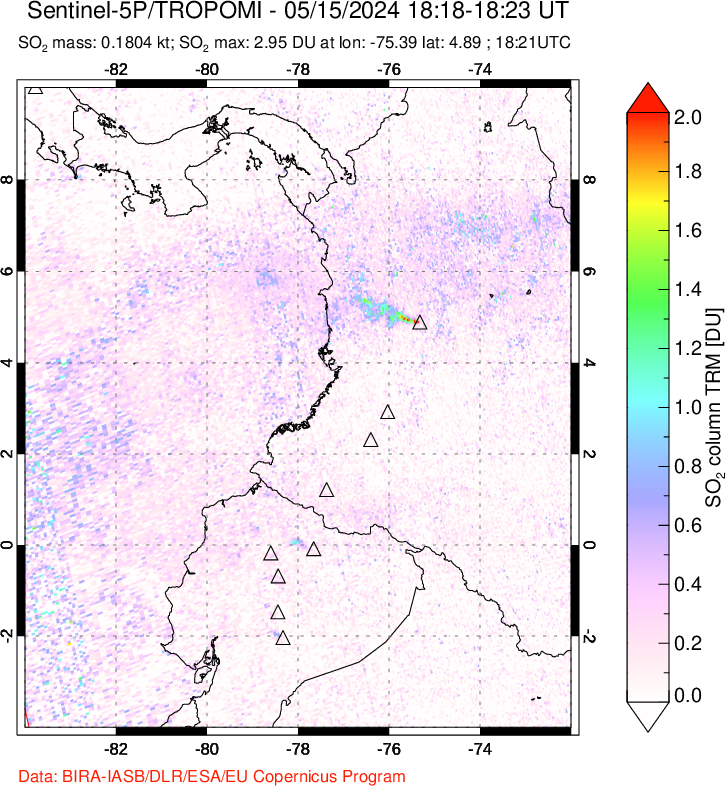 A sulfur dioxide image over Ecuador on May 15, 2024.